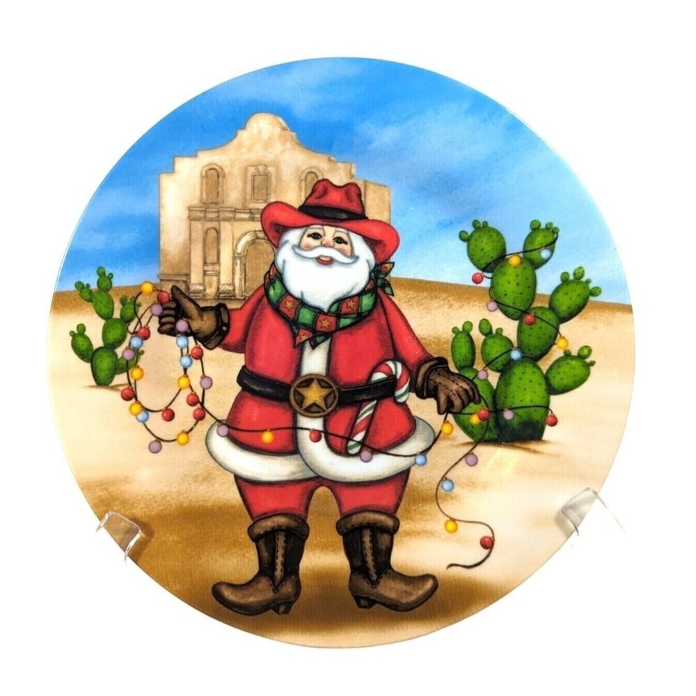 Cowboy Santa Clause Plate Ceramic Hat Boots Candy Lasso Cactus Adobe 10-inch